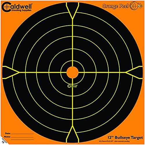 Caldwell Orange Peel Bullseye Targets erbjuder hög kontrast för enkel sikte, klibbigt baksidan för enkel fästning och inkluderar pasters för reparation.